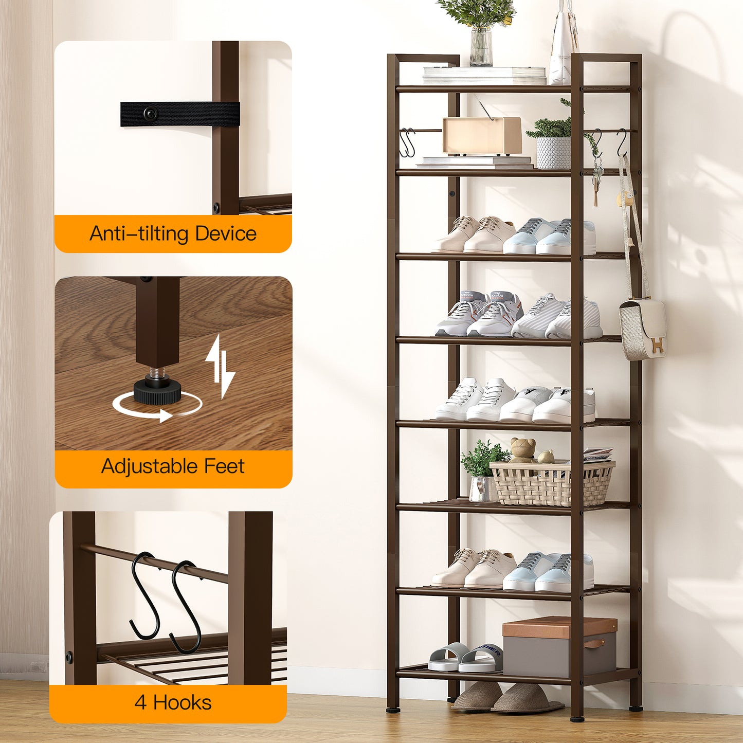 USIKEY 8 Tiers Narrow Shoe Rack 16-24 Pairs, Sturdy Metal Tall Shoe Rack Shelf with 4 Hooks, Slim Shoe Storage Organizer with Metal Shelf, Space Saving Vertical Shoe Rack for Entryway, Closets