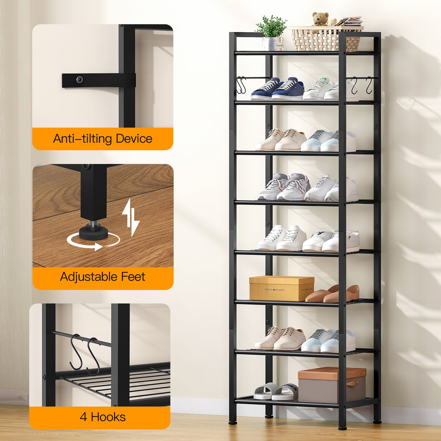 USIKEY 8 Tiers Narrow Shoe Rack 16-24 Pairs, Sturdy Metal Tall Shoe Rack Shelf with 4 Hooks, Slim Shoe Storage Organizer with Metal Shelf, Space Saving Vertical Shoe Rack for Entryway, Closets