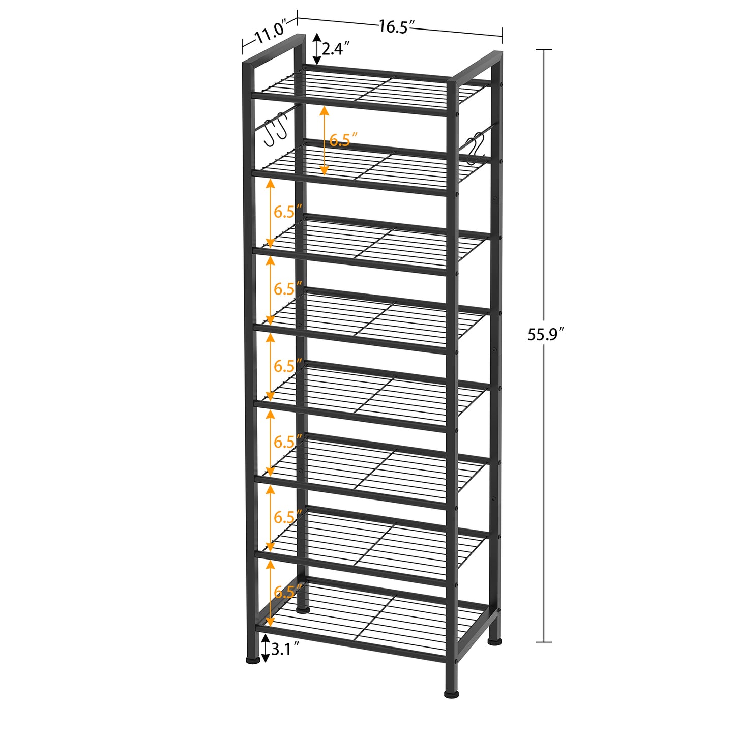 USIKEY 8 Tiers Narrow Shoe Rack 16-24 Pairs, Sturdy Metal Tall Shoe Rack Shelf with 4 Hooks, Slim Shoe Storage Organizer with Metal Shelf, Space Saving Vertical Shoe Rack for Entryway, Closets