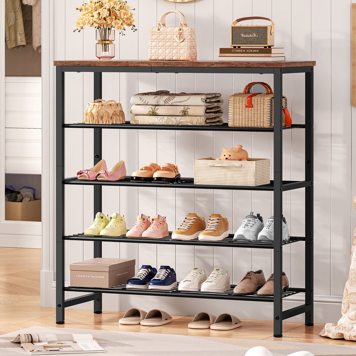 USIKEY 5-Tier Shoe Rack, Industrial Shoe Storage Organizer for 12-16 Pairs of Shoes, Metal Shoe Shelf with Wooden Top, Shoe Stand with 3 Metal Shelves for Entryway, Hallway, Closet, Rustic Brown