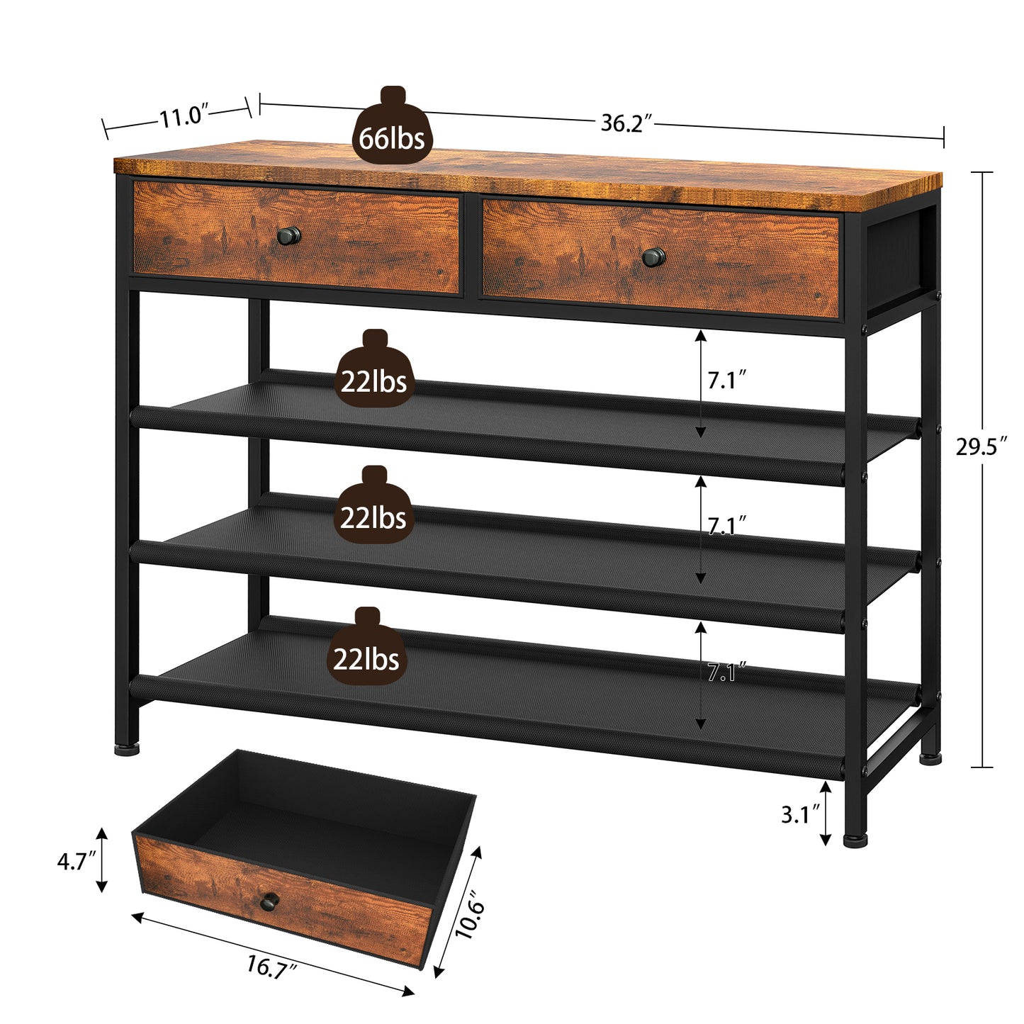 usikey Shoe Rack, 5 Tier Shoe Storage Organizer with 2 Drawers, Metal Shoe Shelf for 16-20 Pairs of Shoes, with 4 Fabric Shelves and Wooden Top, Shoe Stand for Closet Entryway, Rustic Brown