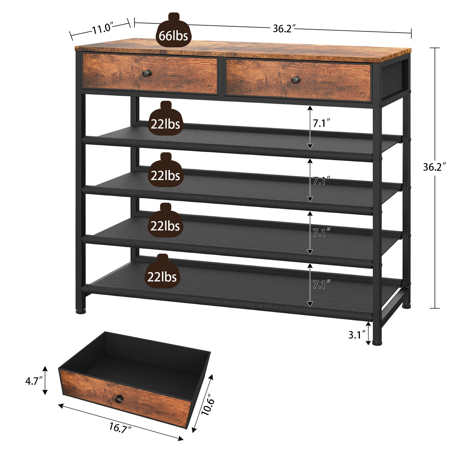 Shoe Rack, 5 Tier Shoe Storage Organizer with 2 Drawers, Metal Shoe Shelf for 16-20 Pairs of Shoes, with 4 Fabric Shelves and Wooden Top, Shoe Stand for Closet Entryway, Rustic Brown