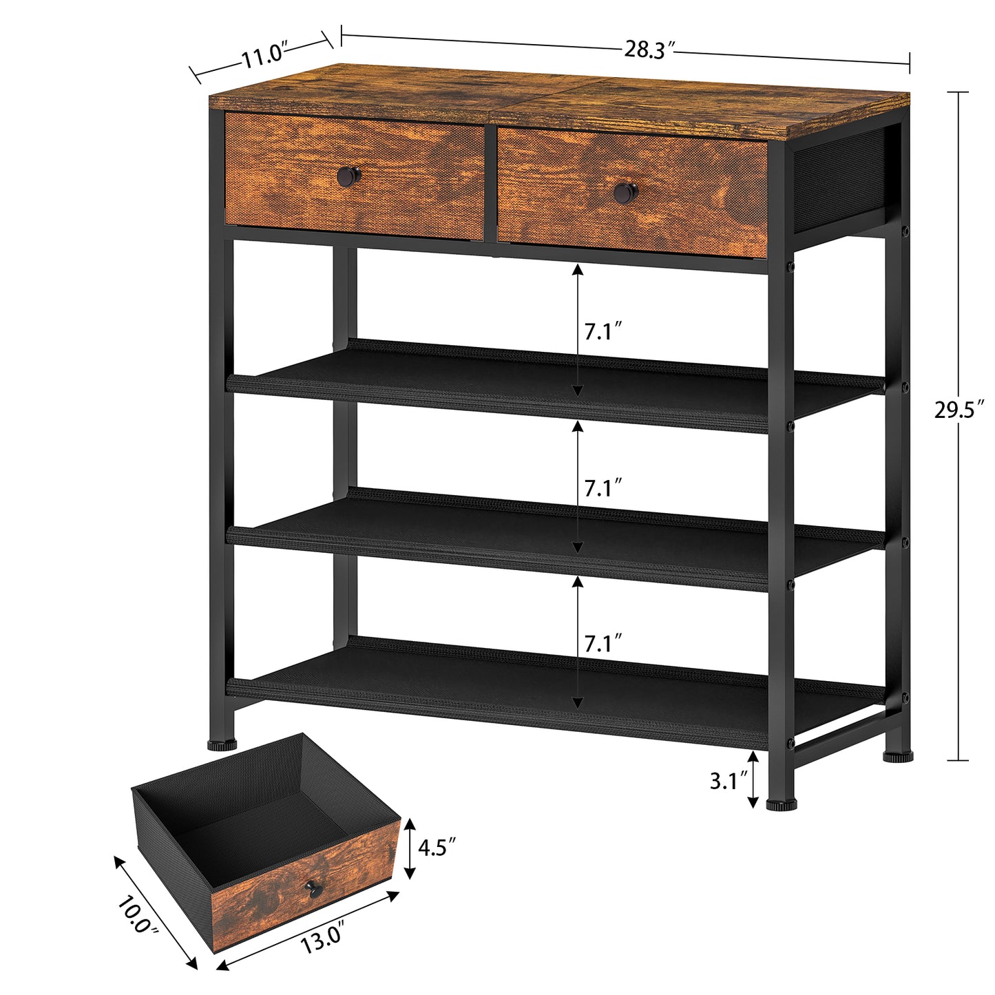 Shoe Rack, 4 Tier Shoe Storage Organizer with 2 Drawers, Metal Shoe Shelf for 9-12 Pairs of Shoes, with 3 Fabric Shelves and Wooden Top, Shoe Stand for Closet Entryway