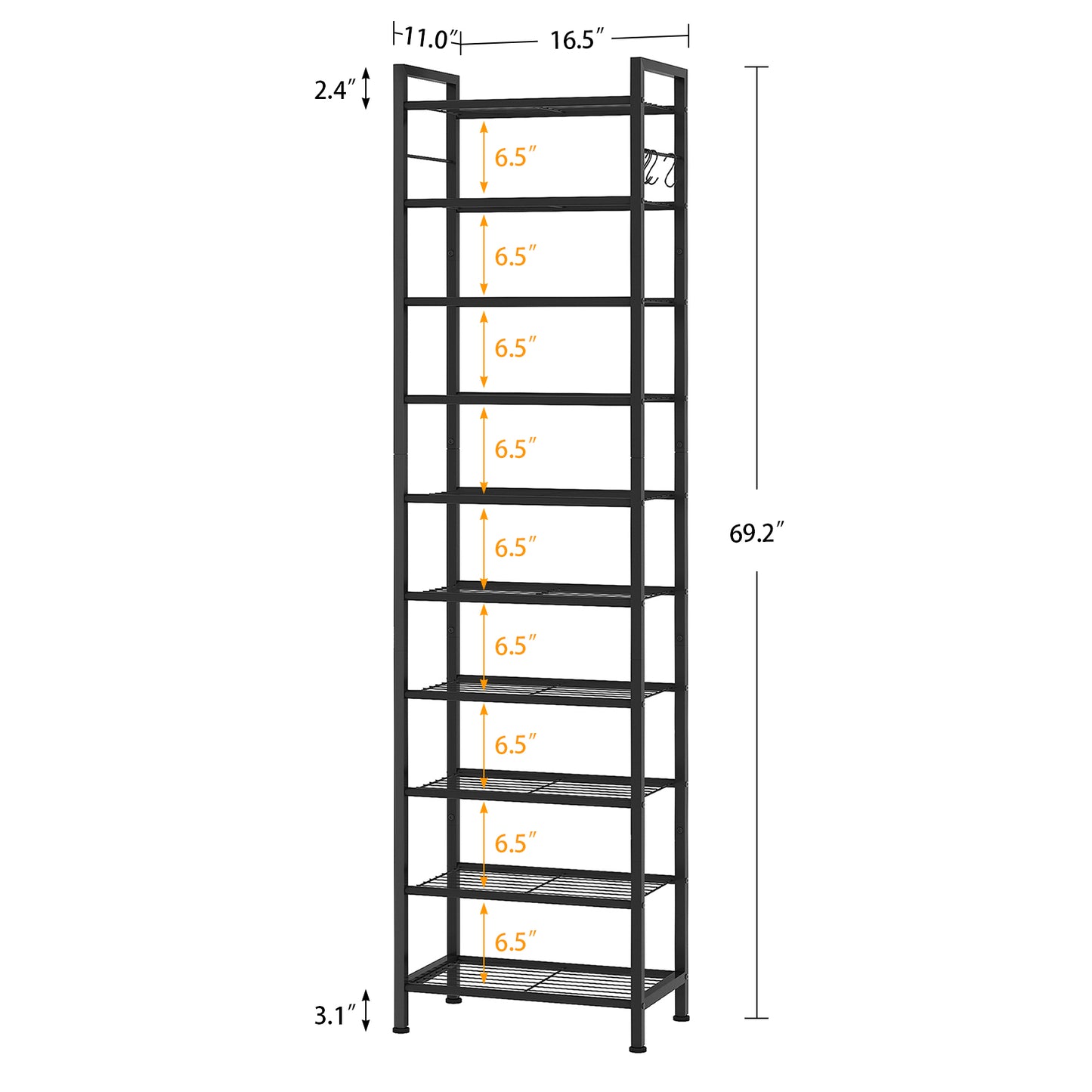 USIKEY 10 Tiers Narrow Shoe Rack 20-30 Pairs, Sturdy Metal Tall Shoe Rack Shelf with 4 Hooks, Slim Shoe Storage Organizer with Metal Shelf, Space Saving Vertical Shoe Rack for Entryway, Closets