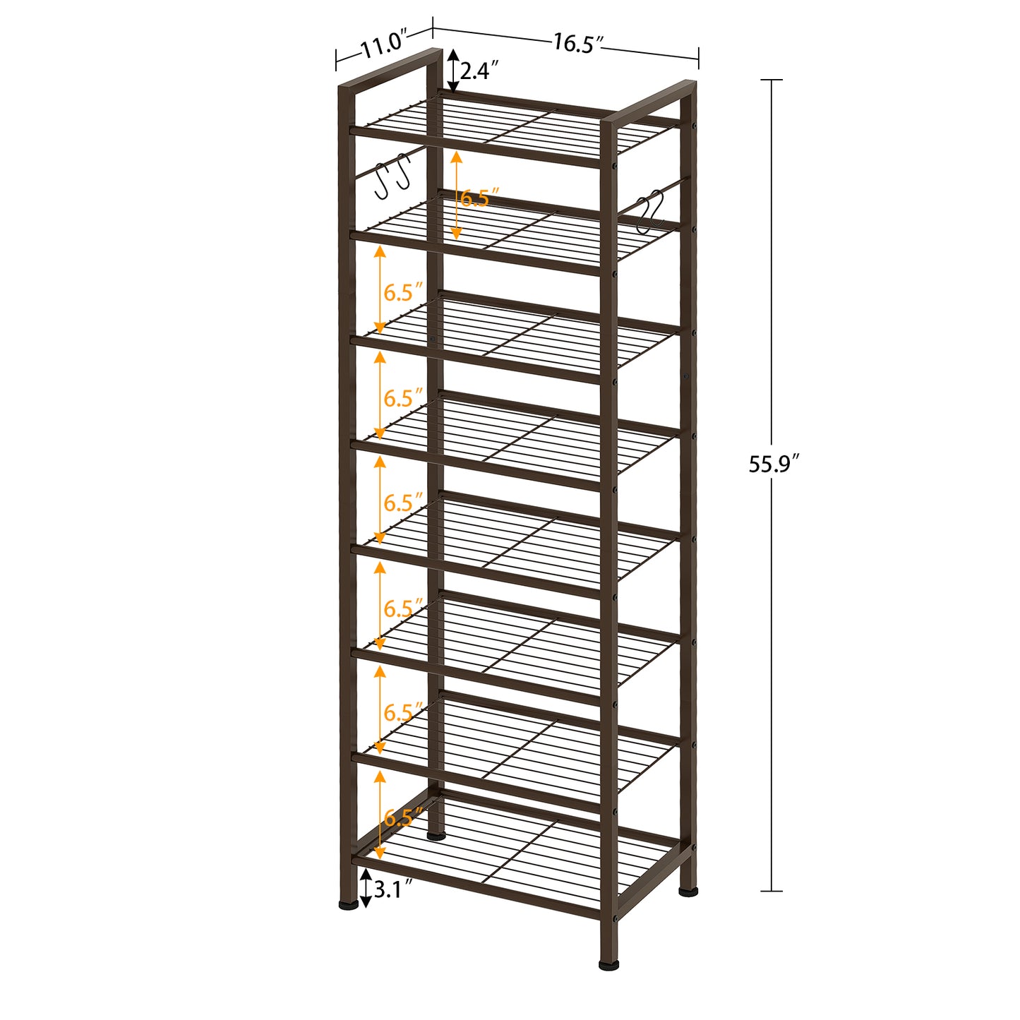 USIKEY 8 Tiers Narrow Shoe Rack 16-24 Pairs, Sturdy Metal Tall Shoe Rack Shelf with 4 Hooks, Slim Shoe Storage Organizer with Metal Shelf, Space Saving Vertical Shoe Rack for Entryway, Closets