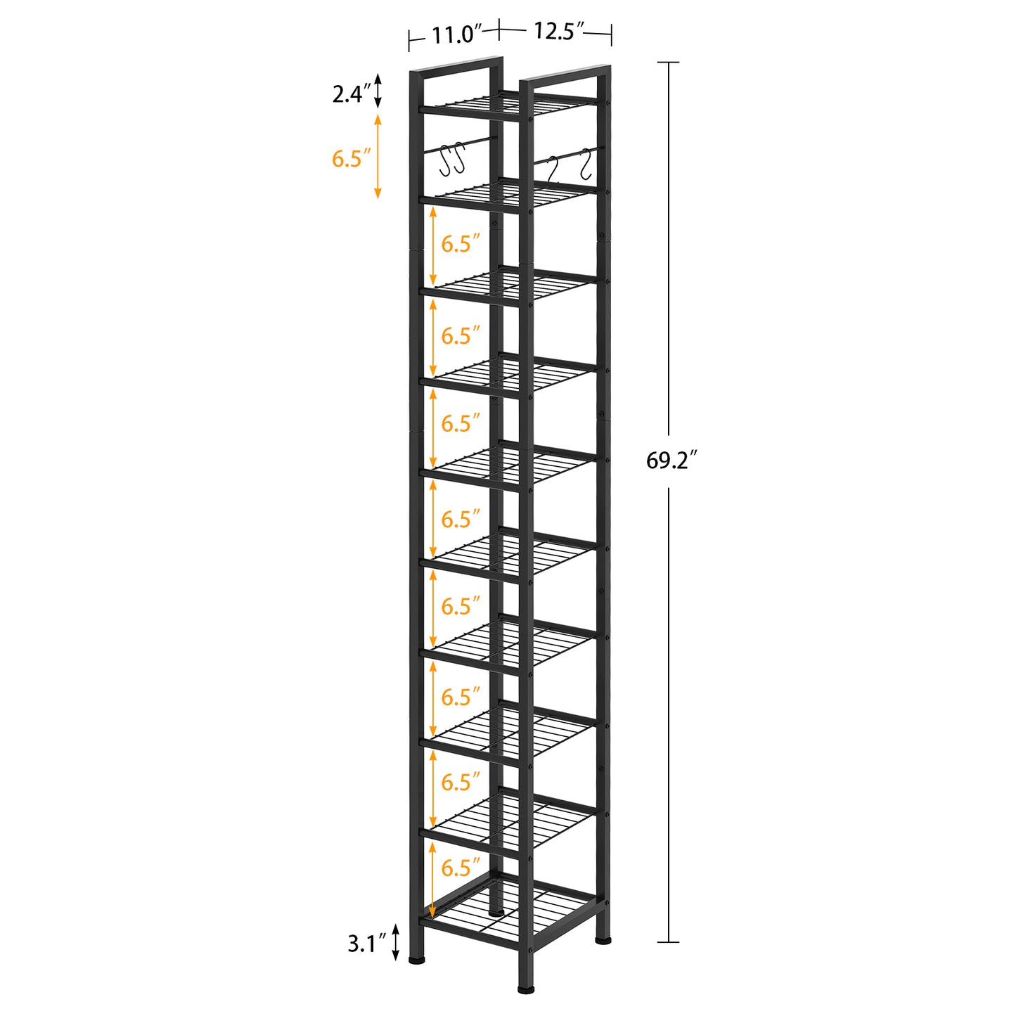 USIKEY 10 Tiers Narrow Shoe Rack 10-20 Pairs, Sturdy Metal Tall Shoe Rack Shelf with 4 Hooks, Slim Shoe Storage Organizer with Metal Shelf, Space Saving Vertical Shoe Rack for Entryway, Closets