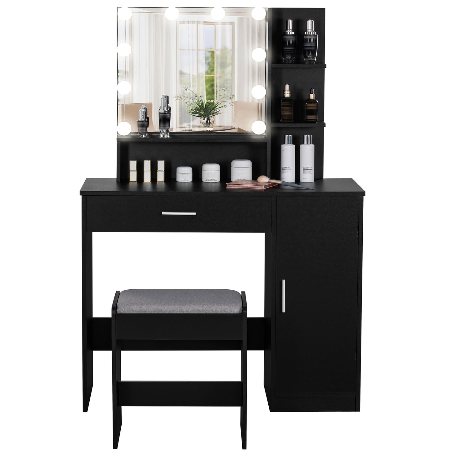 usikey Makeup Vanity Desk for Christmas, Vanity Desk Set with 1 Drawer, 1 Cabinet & 3 Shelves, Makeup Vanity Table with Stool for Bedroom, 3 Lighting Modes & Brightness Adjustable