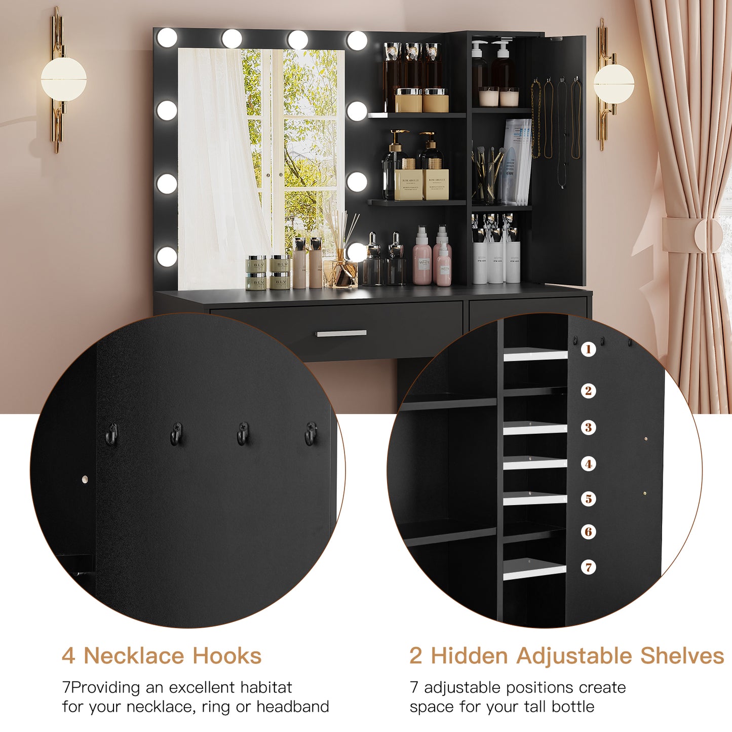 usikey Makeup Vanity with Lights, Vanity Desk with Mirror and 10 LED Lights, Vanity Table Set with 4 Drawers, Cabinet & 4 Necklace Hooks, Dressing Table for Bedroom, White