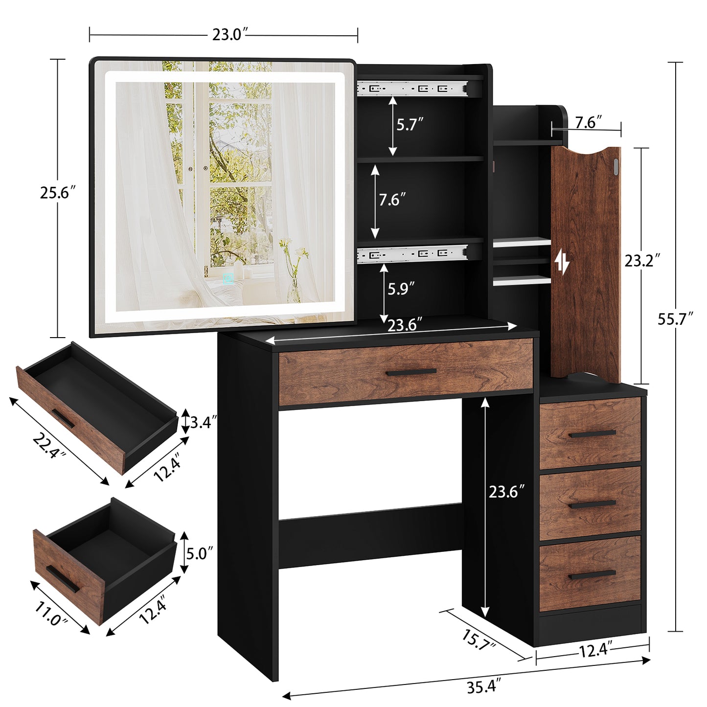 Makeup Vanity Desk, Makeup Vanity Table with Sliding LED Lighted Mirror, Vanity Table with 4 Drawers & Cabinet, 3 Lighting Modes & Brightness Adjustable, Bedroom Dressing Table