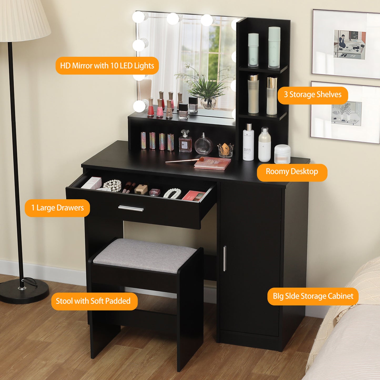 Makeup Vanity Desk for Valentine's Day, Vanity Desk Set with 1 Drawer, 1 Cabinet & 3 Shelves, Makeup Vanity Table with Stool for Bedroom, 3 Lighting Modes & Brightness Adjustable