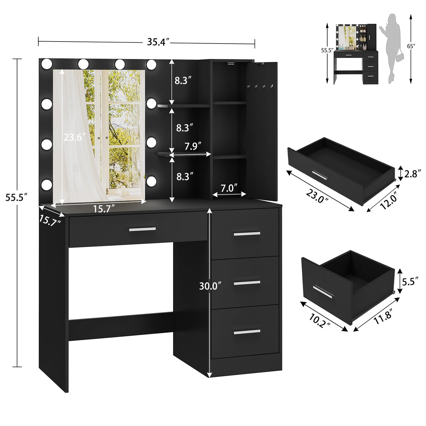 usikey Makeup Vanity with Lights, Vanity Desk with Mirror and 10 LED Lights, Vanity Table Set with 4 Drawers, Cabinet & 4 Necklace Hooks, Dressing Table for Bedroom, White