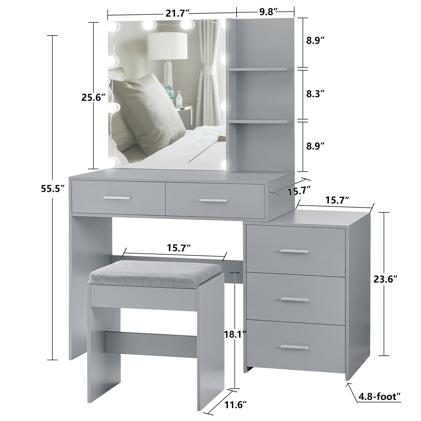 Large Vanity Desk with Mirror & 10 LED Lights, Makeup Vanity Dressing Table with Power Strip, Storage Shelves & 5 Drawers, Vanity Table Set with Cushioned Stool for Women Girls