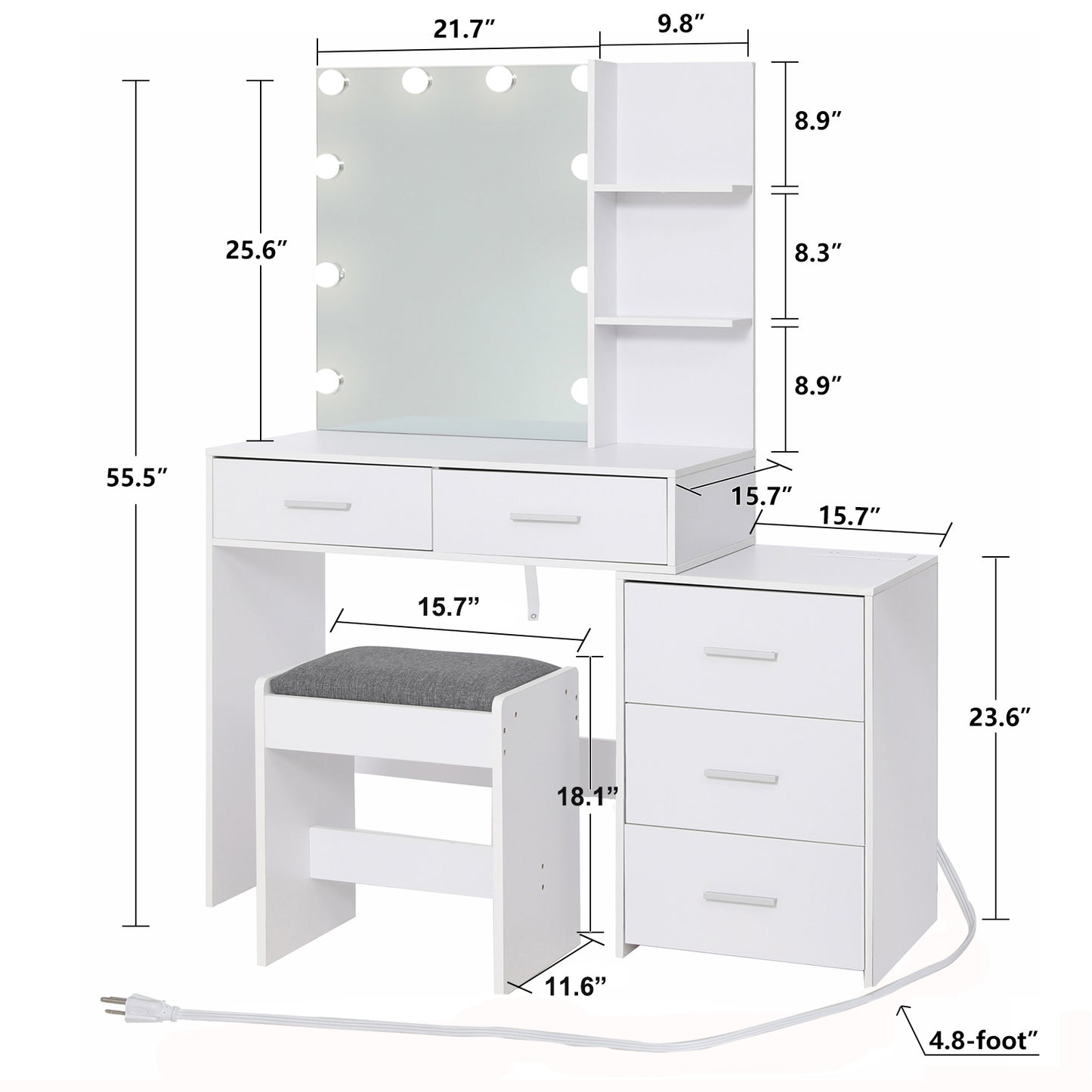 Large Vanity Desk with Mirror & 10 LED Lights, Makeup Vanity Dressing Table with Power Strip, Storage Shelves & 5 Drawers, Vanity Table Set with Cushioned Stool for Women Girls