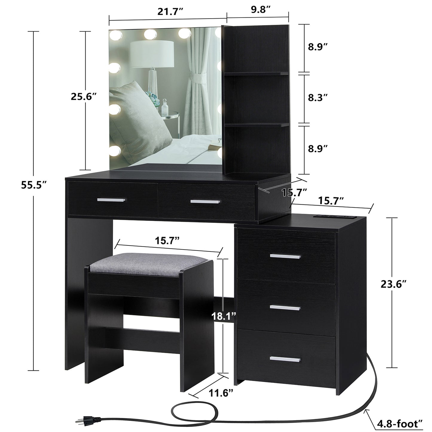 Large Vanity Desk with Mirror & 10 LED Lights, Makeup Vanity Dressing Table with Power Strip, Storage Shelves & 5 Drawers, Vanity Table Set with Cushioned Stool for Women Girls