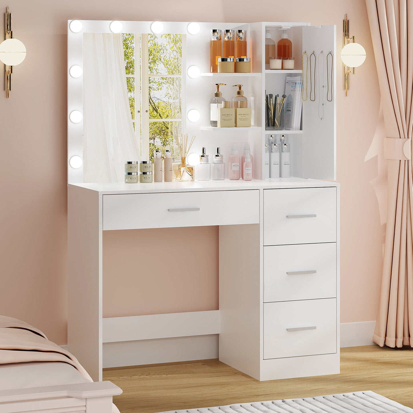 usikey Makeup Vanity with Lights, Vanity Desk with Mirror and 10 LED Lights, Vanity Table Set with 4 Drawers, Cabinet & 4 Necklace Hooks, Dressing Table for Bedroom, White