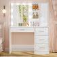 usikey Makeup Vanity with Lights, Vanity Desk with Mirror and 10 LED Lights, Vanity Table Set with 4 Drawers, Cabinet & 4 Necklace Hooks, Dressing Table for Bedroom, White