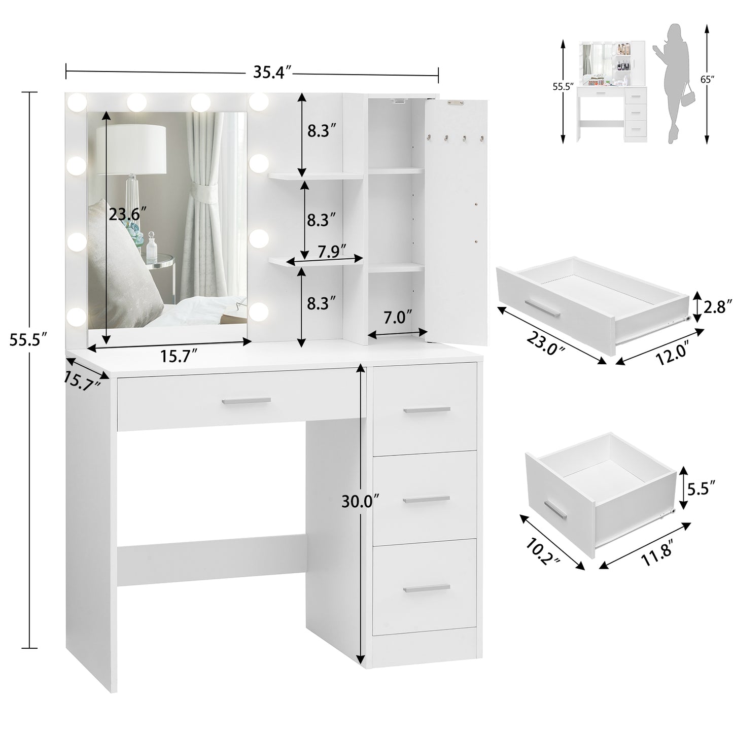 usikey Makeup Vanity with Lights, Vanity Desk with Mirror and 10 LED Lights, Vanity Table Set with 4 Drawers, Cabinet & 4 Necklace Hooks, Dressing Table for Bedroom, White