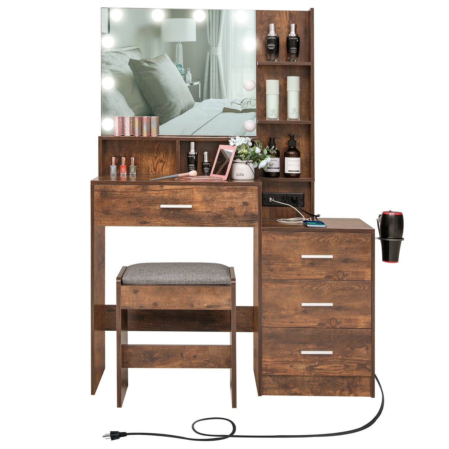 USIKEY Large Vanity Table Set with Lighted Mirror & Charging Station