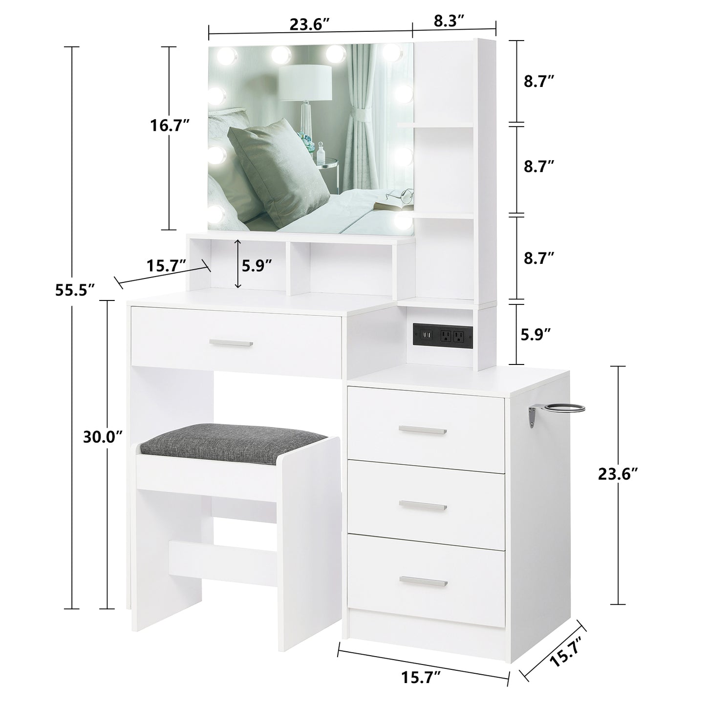 USIKEY Large Vanity Table Set with Lighted Mirror & Charging Station