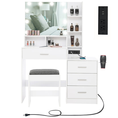 USIKEY Large Vanity Table Set with Lighted Mirror & Charging Station