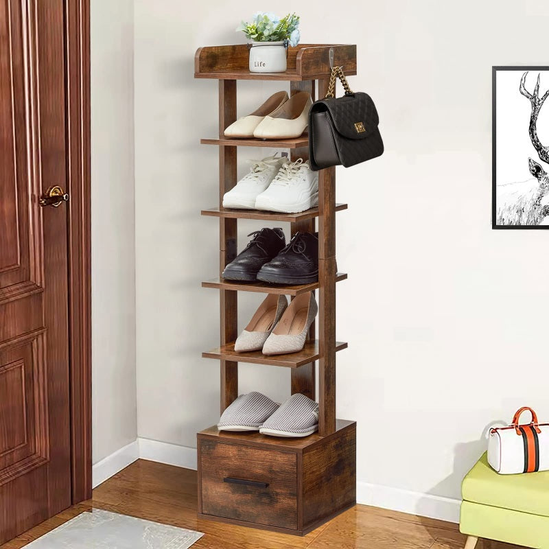 usikey Large Vertical Shoe Rack, 8 Tiers Wooden Shoes Racks with Bottom  Drawer, Top Storage & 2 Hooks, Double Shoes Storage, Modern Shoe Rack