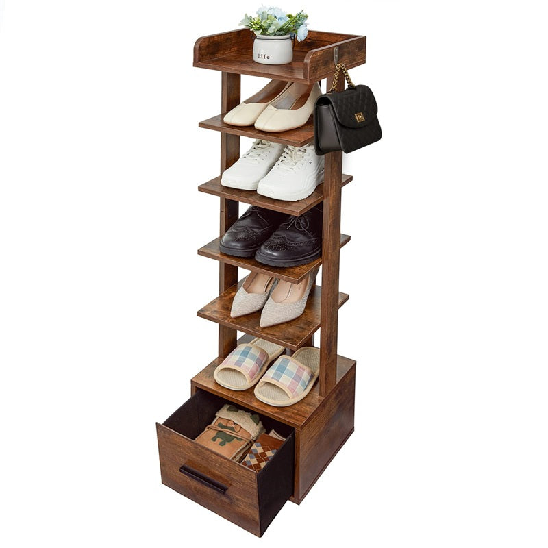 usikey Large Vertical Shoe Rack, 8 Tiers Wooden Shoes Racks with Bottom  Drawer, Top Storage & 2 Hooks, Double Shoes Storage, Modern Shoe Rack