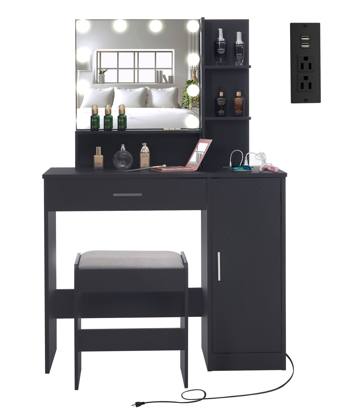 USIKEY Modern Vanity Table Set with Lighted Mirror & Charging Station